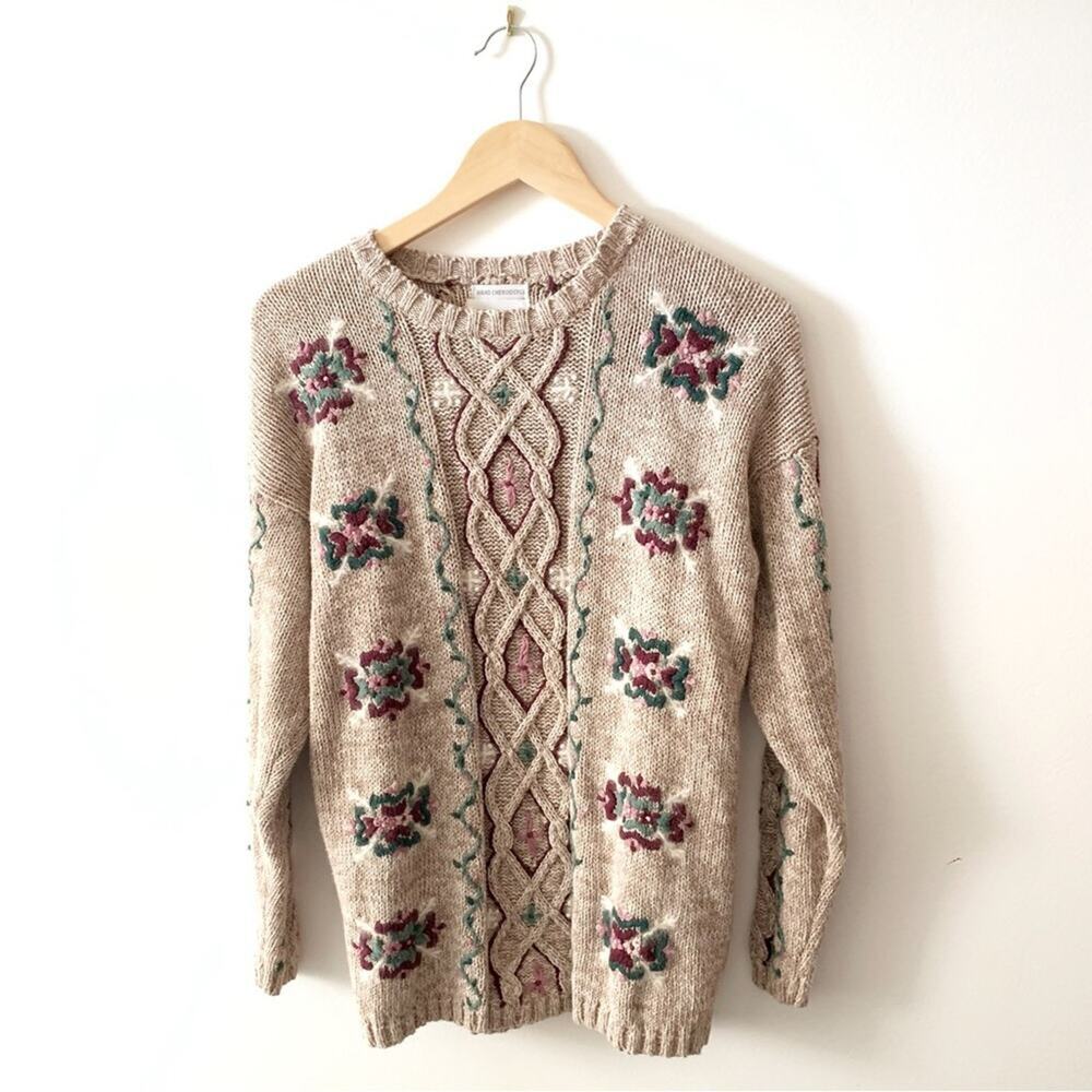 Christopher & Banks Vintage Hand Embroidered Crewneck Sweater Tan Green Purple M